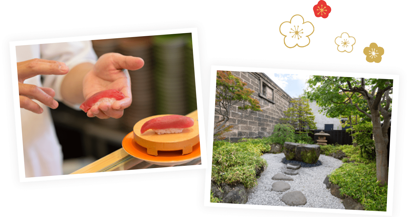 photo:State of holding sushi and courtyard